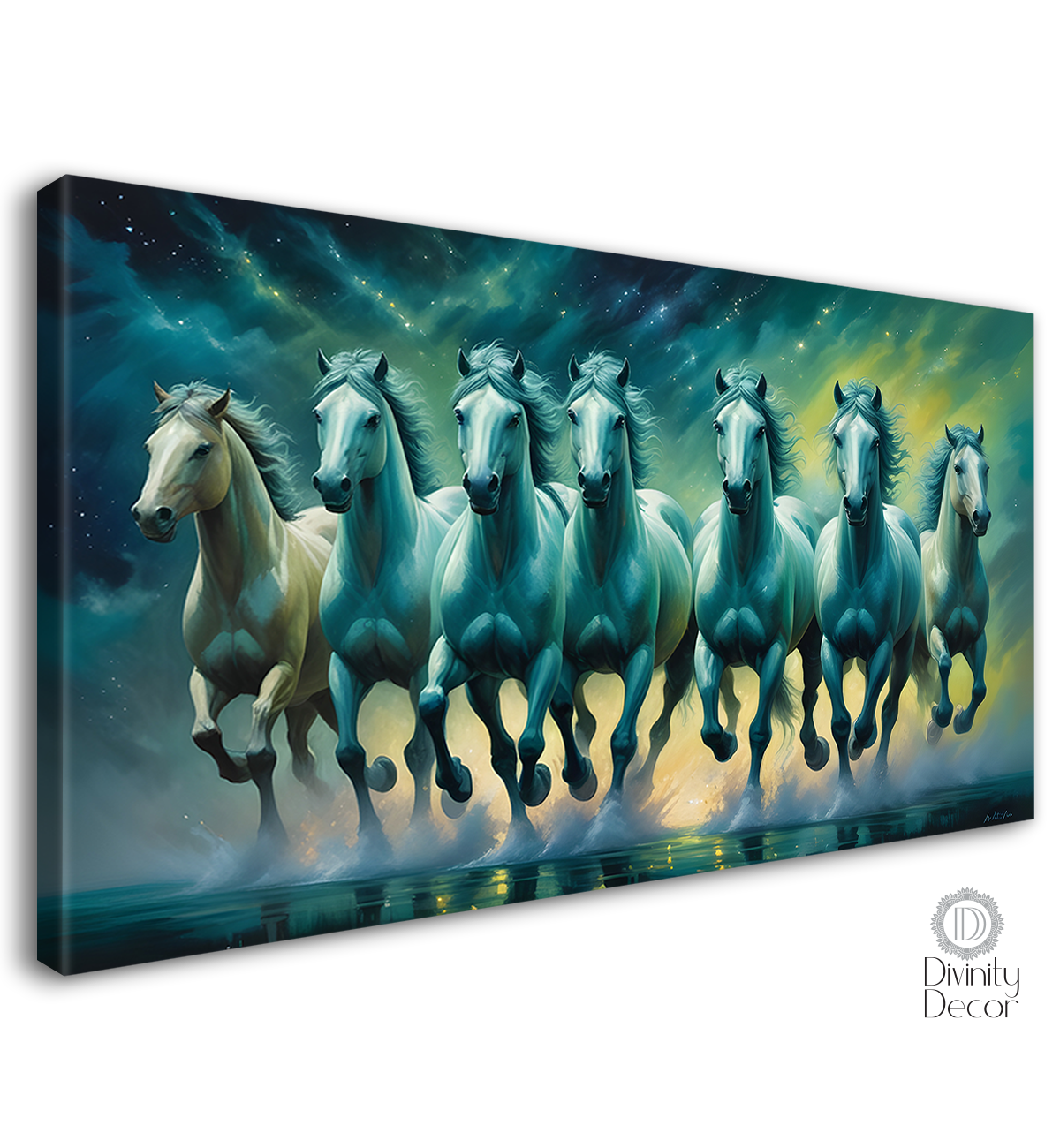 White and blue running horses in green textured background art Canvas Painting - Design - Horse-52