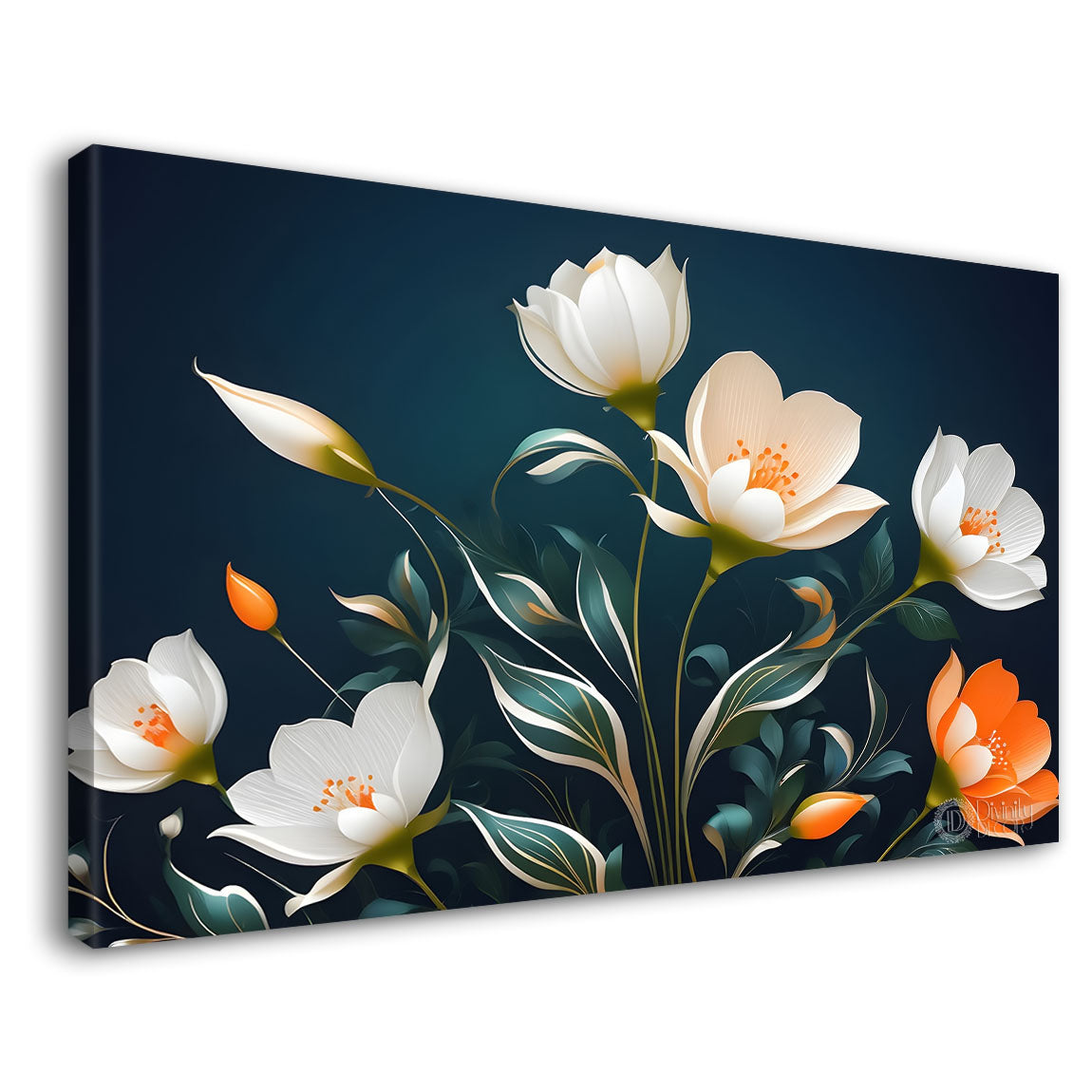 White flowers in black background canvas painting- Flower-520