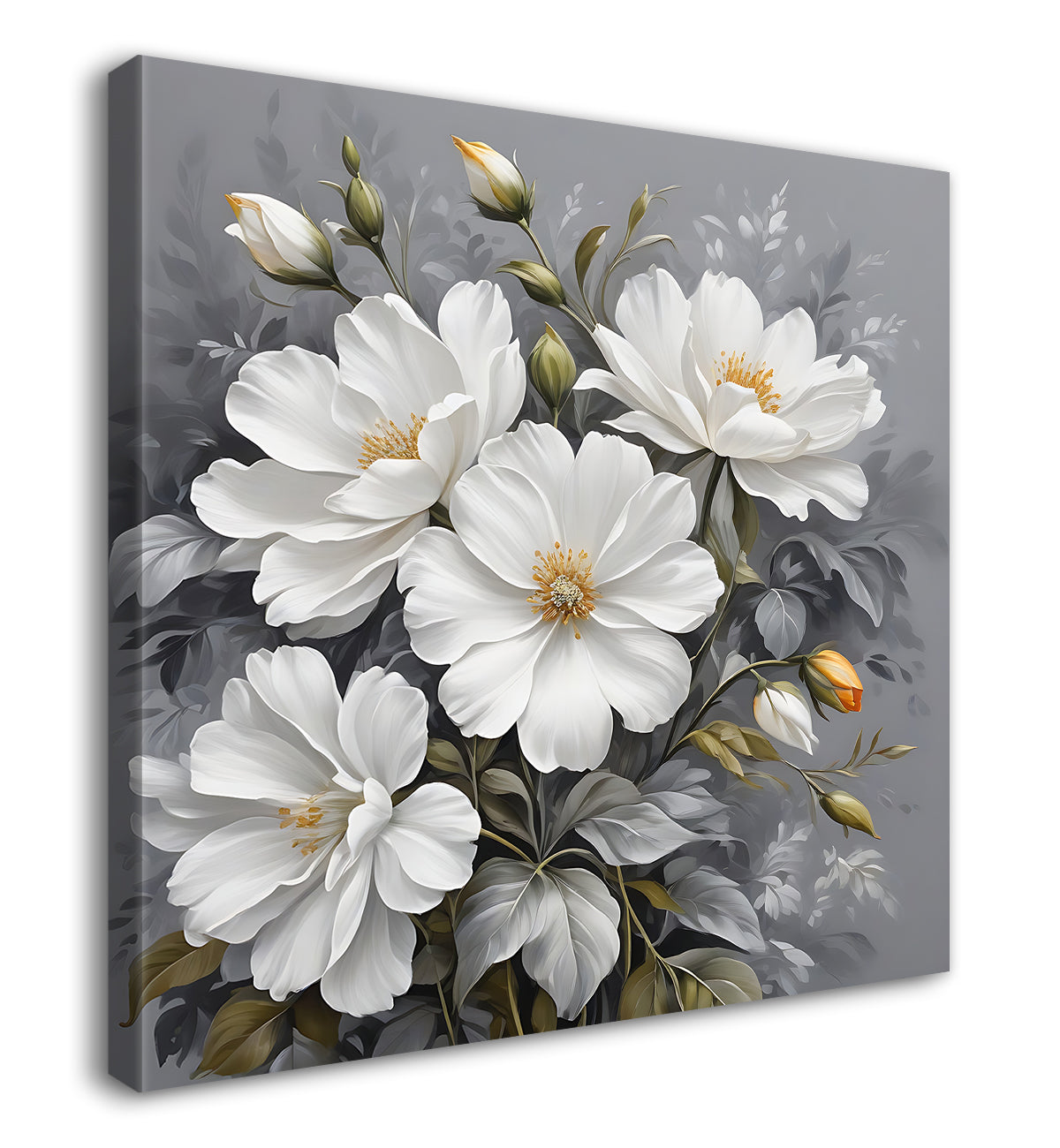 White flower in grey textured  painting Flower-S-520