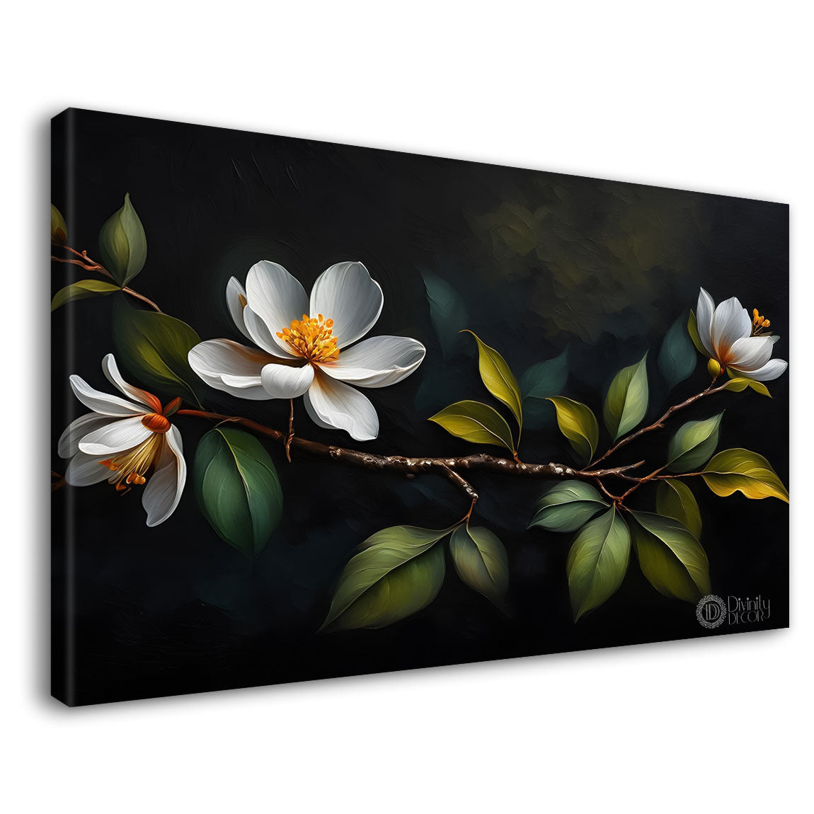 White flowers in black background canvas painting- Flower-521