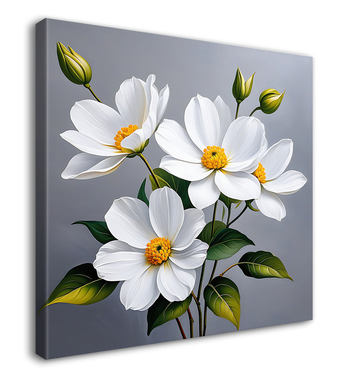 White flower in grey textured  painting Flower-S-521
