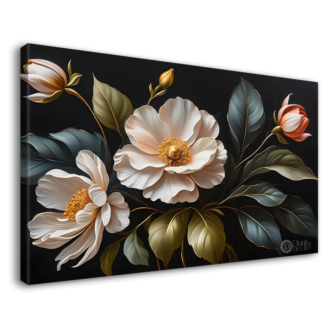 White flowers in black background canvas painting- Flower-522