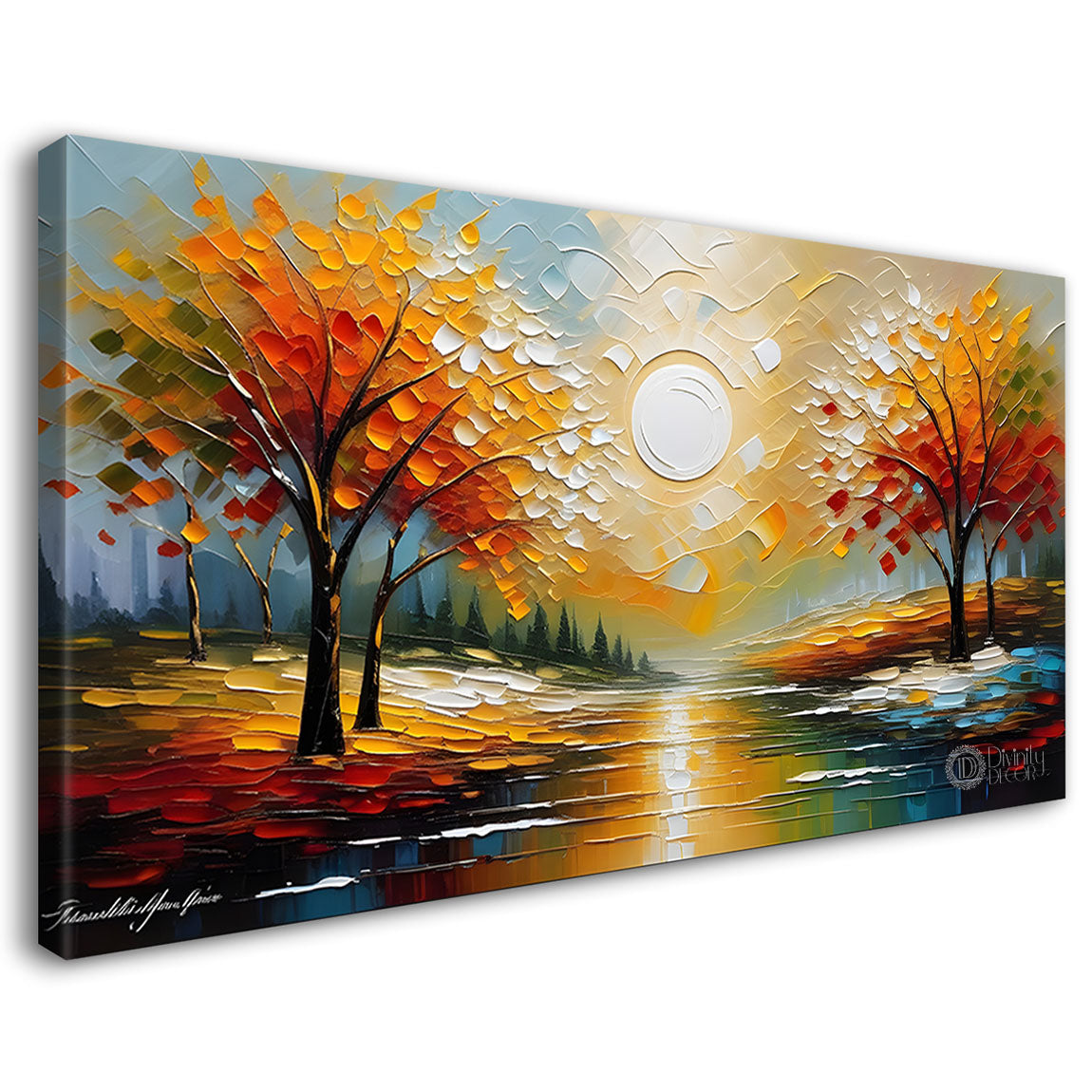 Orange trees with lake painting Canvas Painting - Nature Art -522