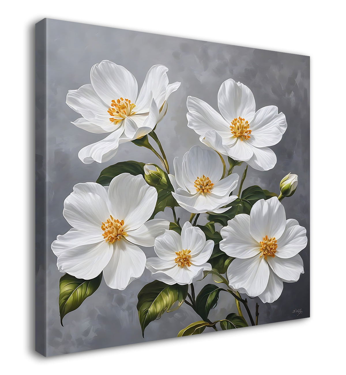 White flower in grey textured  painting Flower-S-522