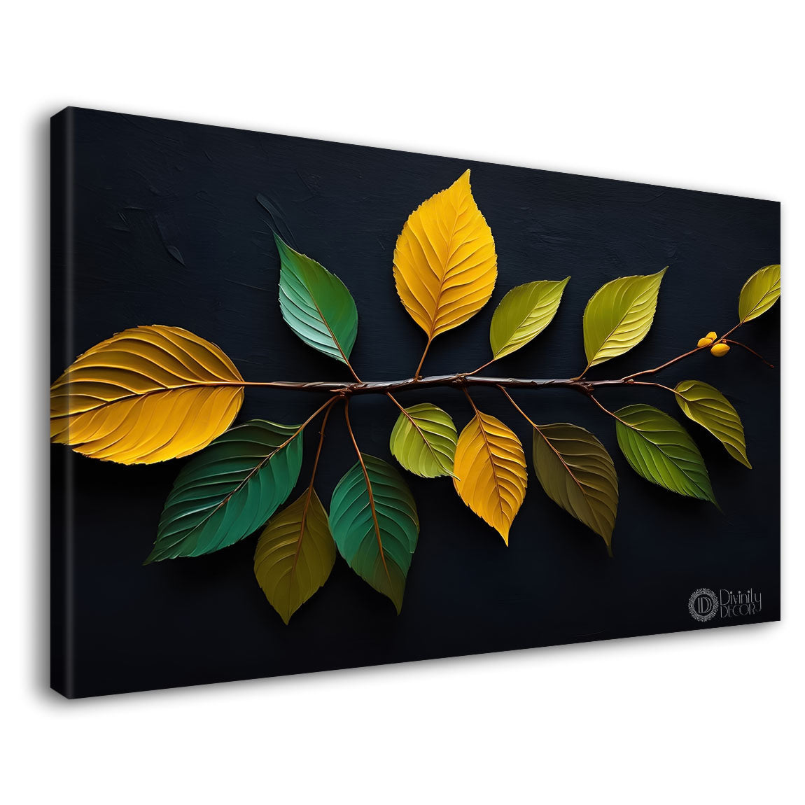 Green and yellow leaves in black background canvas painting- Flower-523