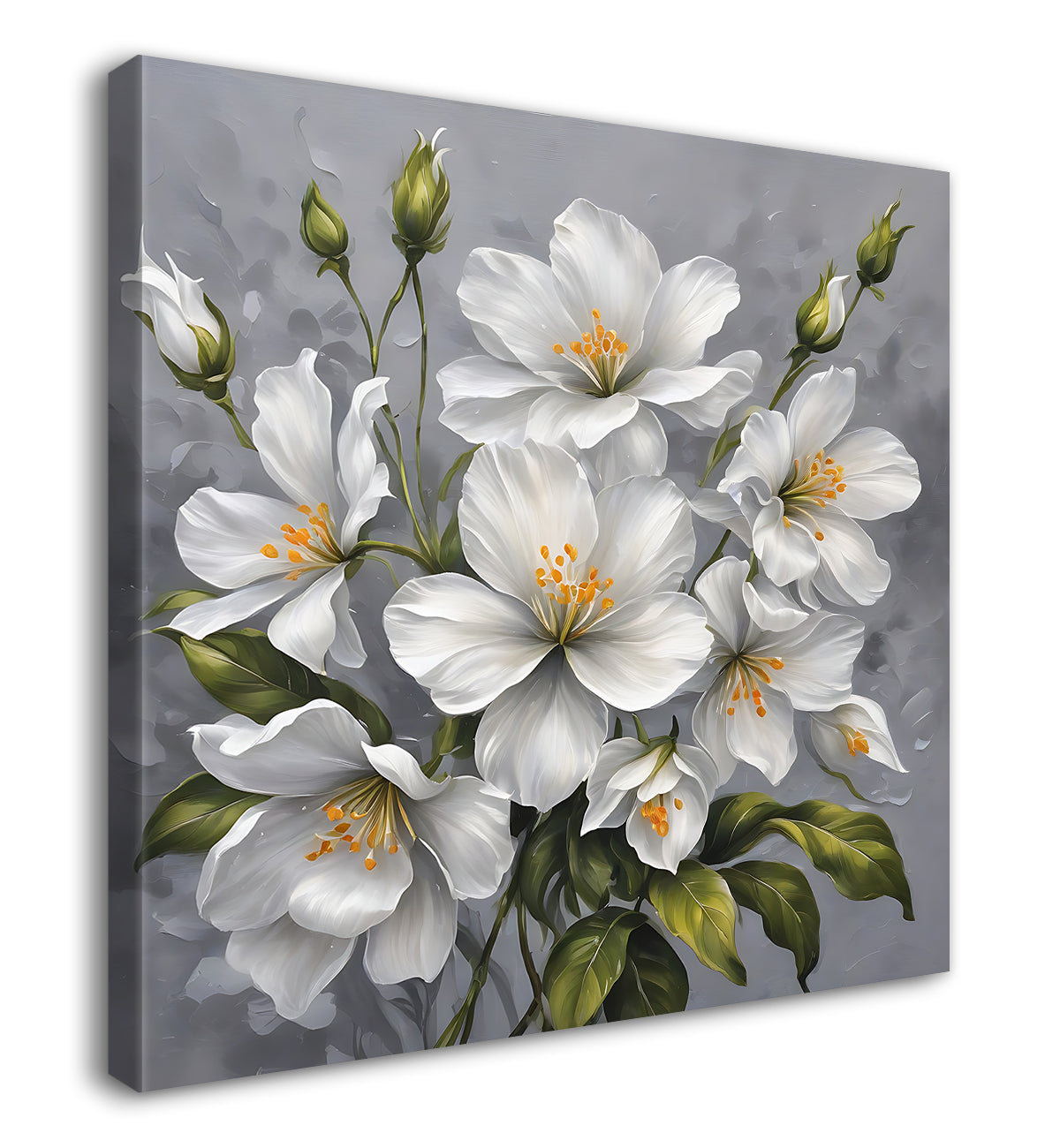 White flower in grey textured  painting Flower-S-523