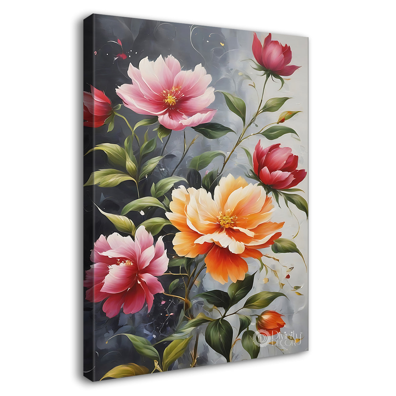 Pink flowers in grey textured painting- Flower-V-524