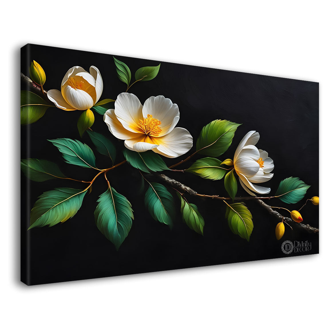 White flowers in black background canvas painting- Flower-525