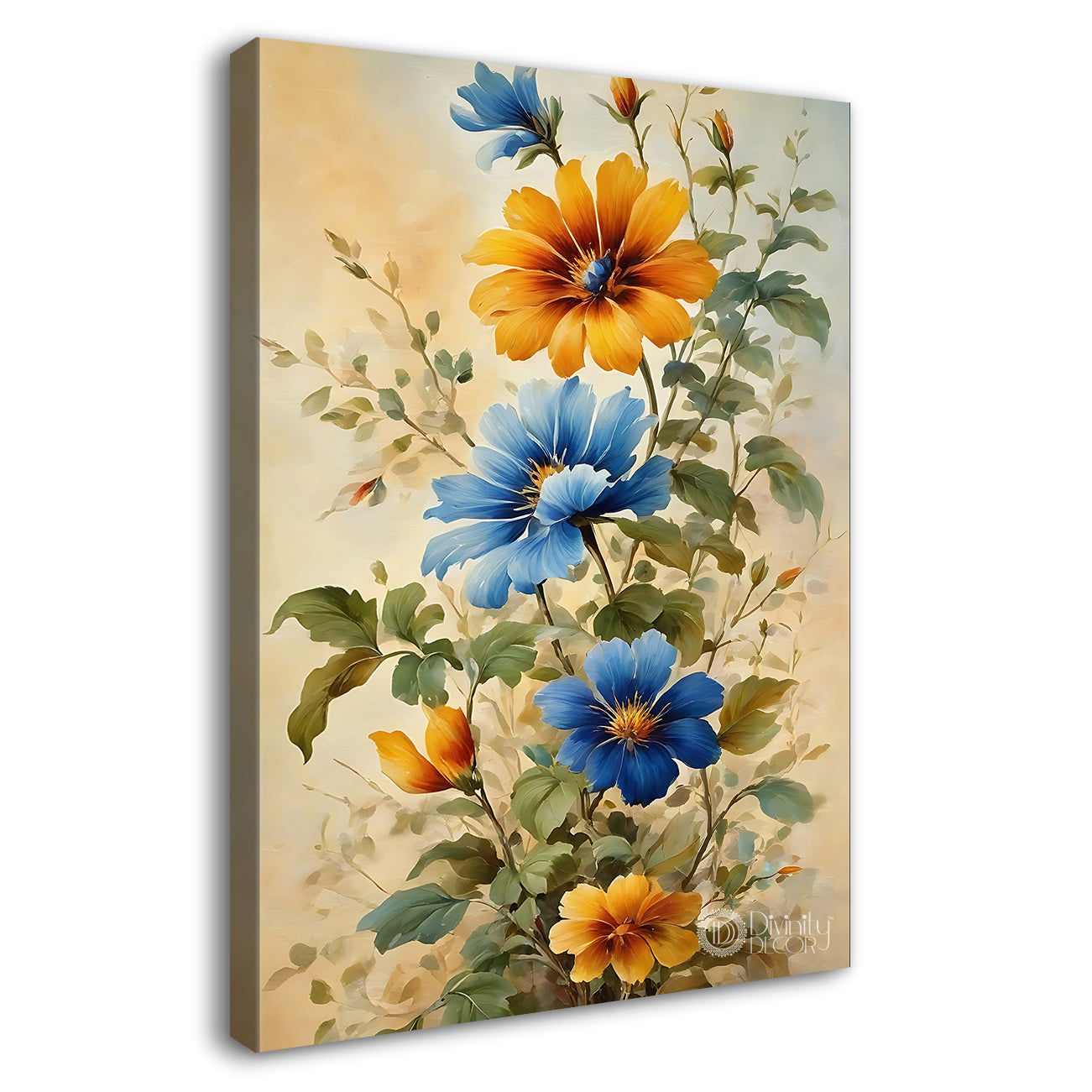 Yellow and blue flowers in light textured art - Flower-V-525