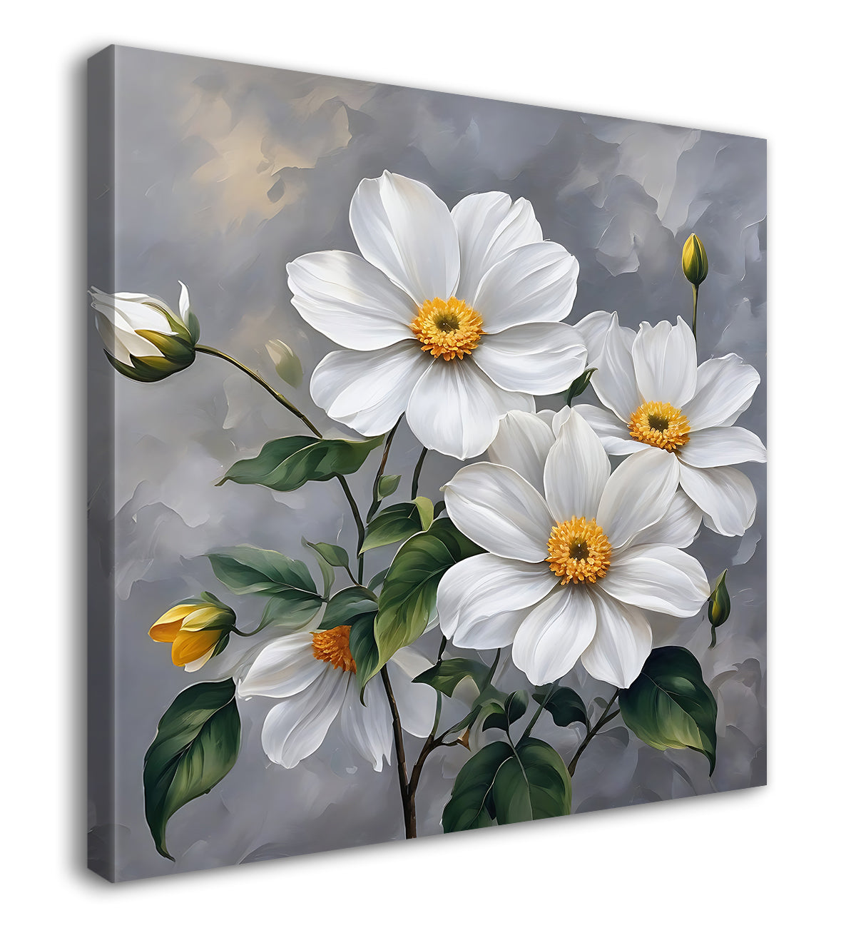 White flower in grey textured  painting Flower-S-526