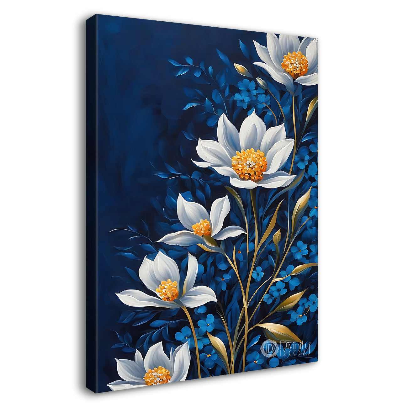 White flowers in navy blue background painting - Flower-V-526