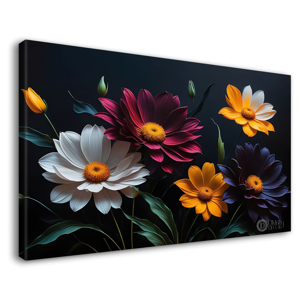 Colorful flowers in black background canvas painting- Flower-527