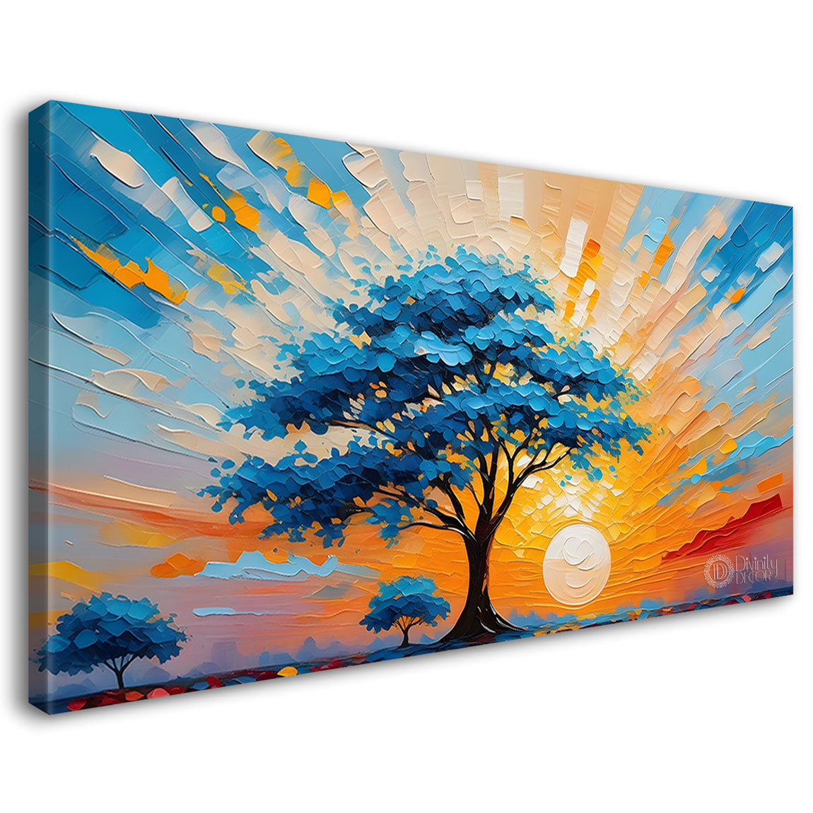 Blue tree with sun textured painting Canvas Painting - Nature Art -527
