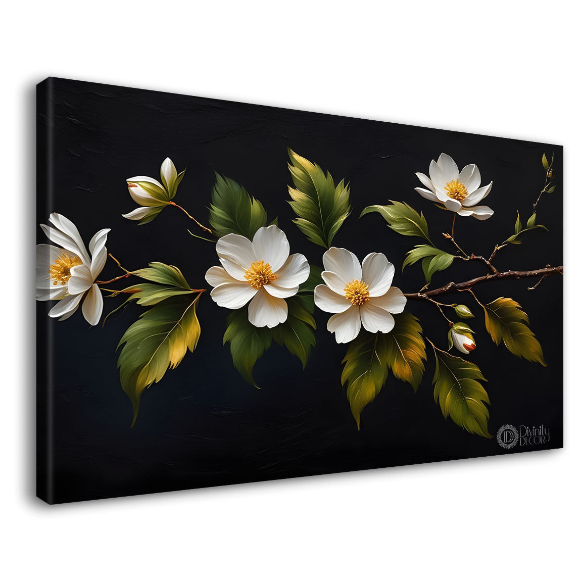 White flowers in black background canvas painting- Flower-528