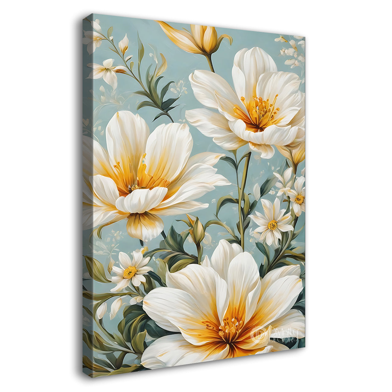White flowers in sky blue textured art - Flower-V-528