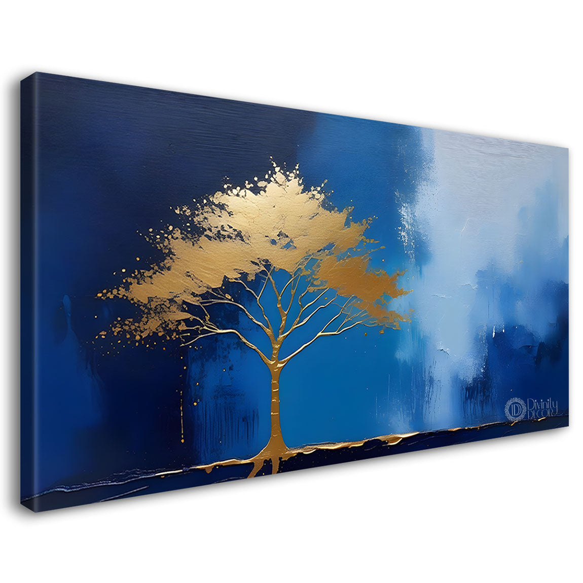 Golden tree in blue textured painting Canvas Painting - Nature Art -528