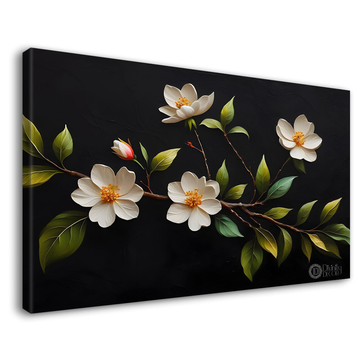 White flowers in black background canvas painting- Flower-529
