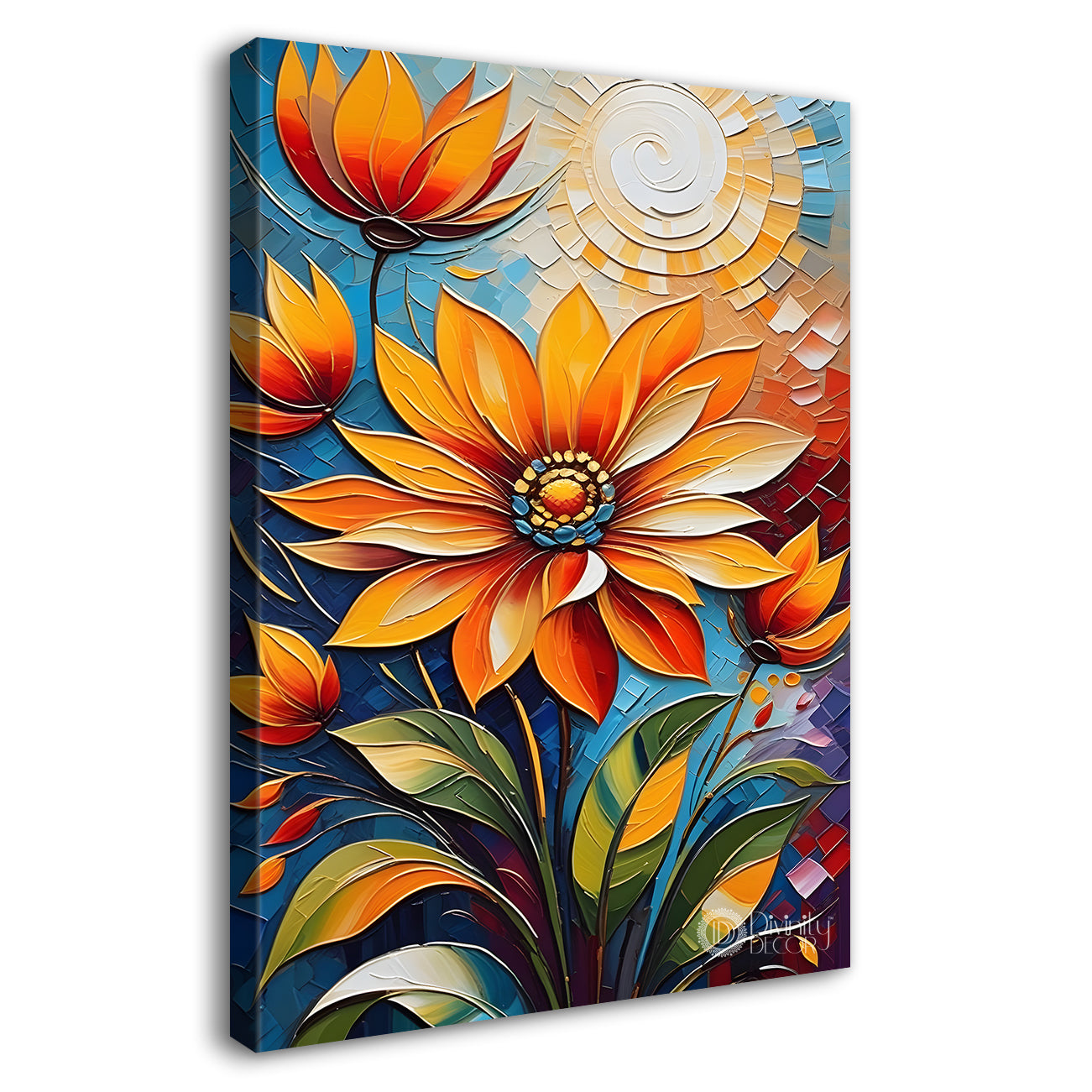 Orange flowers in blue textured background painting - Flower-V-52