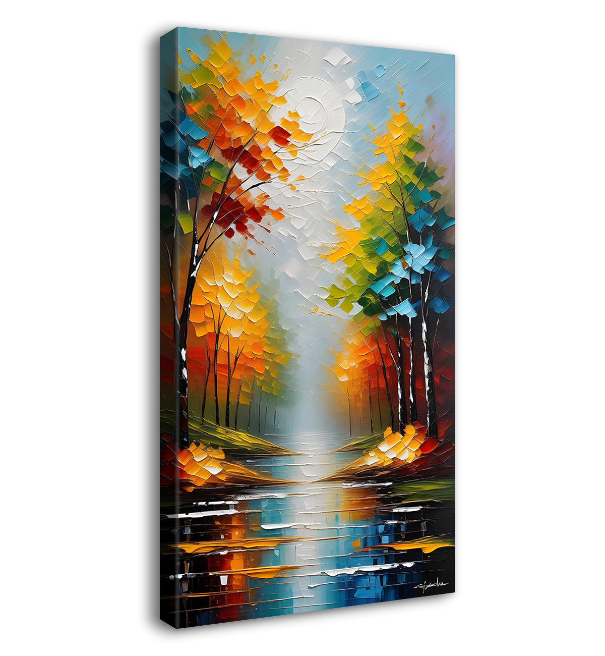 Colourful trees with lake in textured painting Canvas Painting - Nature Art -V-52