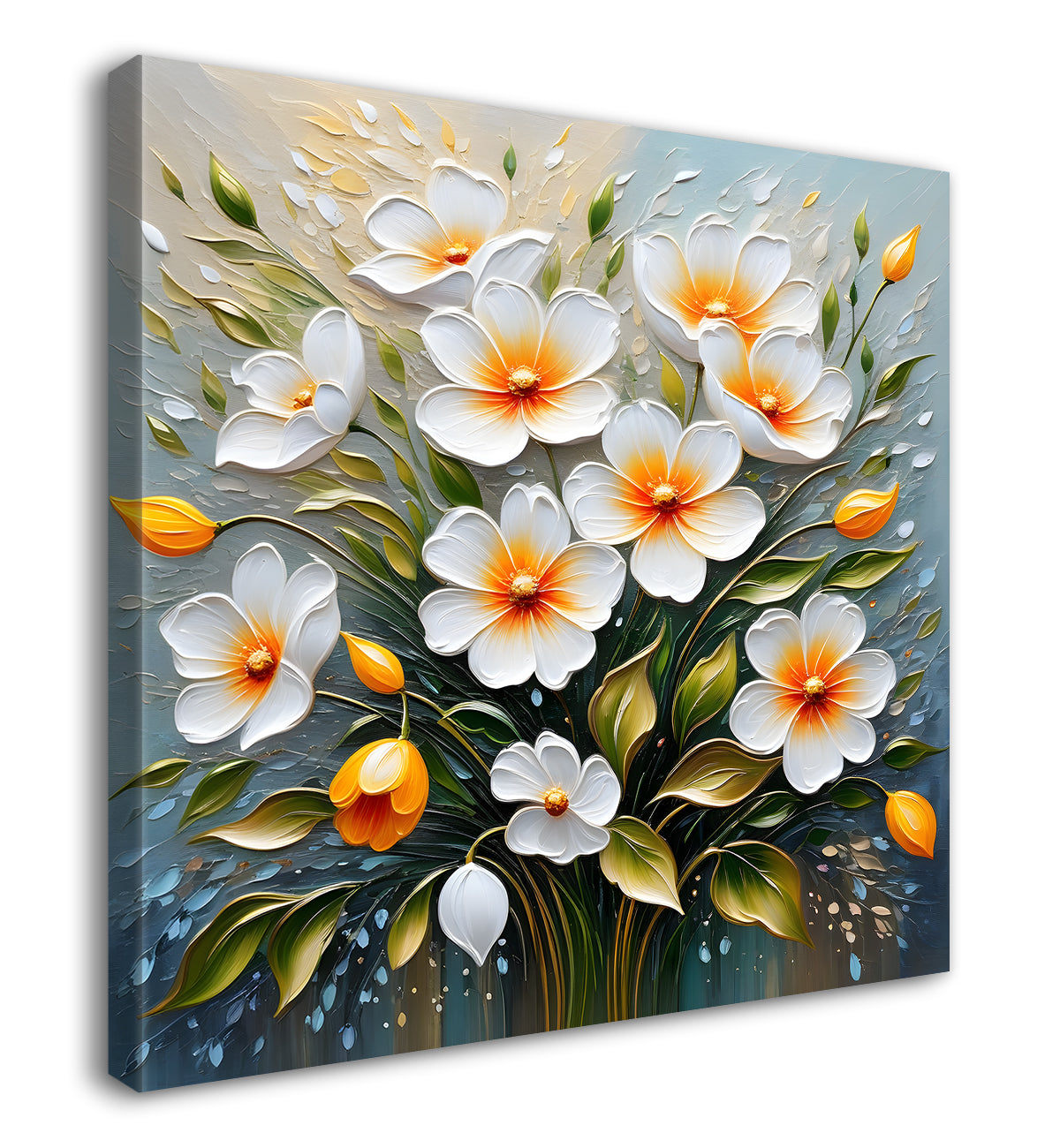 White flowers in grey background textured painting - Flower-S-52