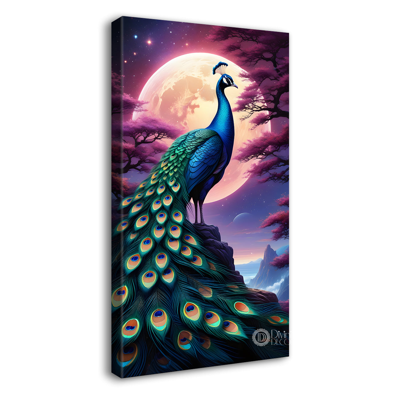 Peacock in front of moon with purple background modern art painting  - Design - Peacock-V-52