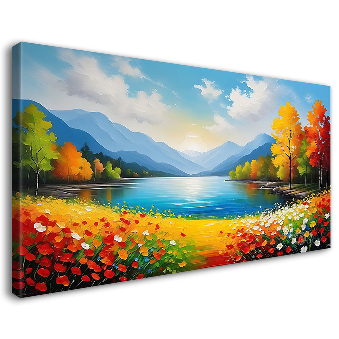 Mountains with colorful trees, flowers and lake in textured natural scenery art Canvas Painting - Nature Art -52