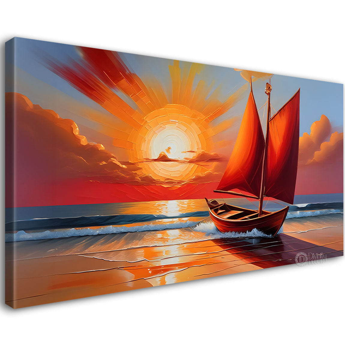 Boat on a beach with sunrise background textured modern art canvas painting - Design - River-52