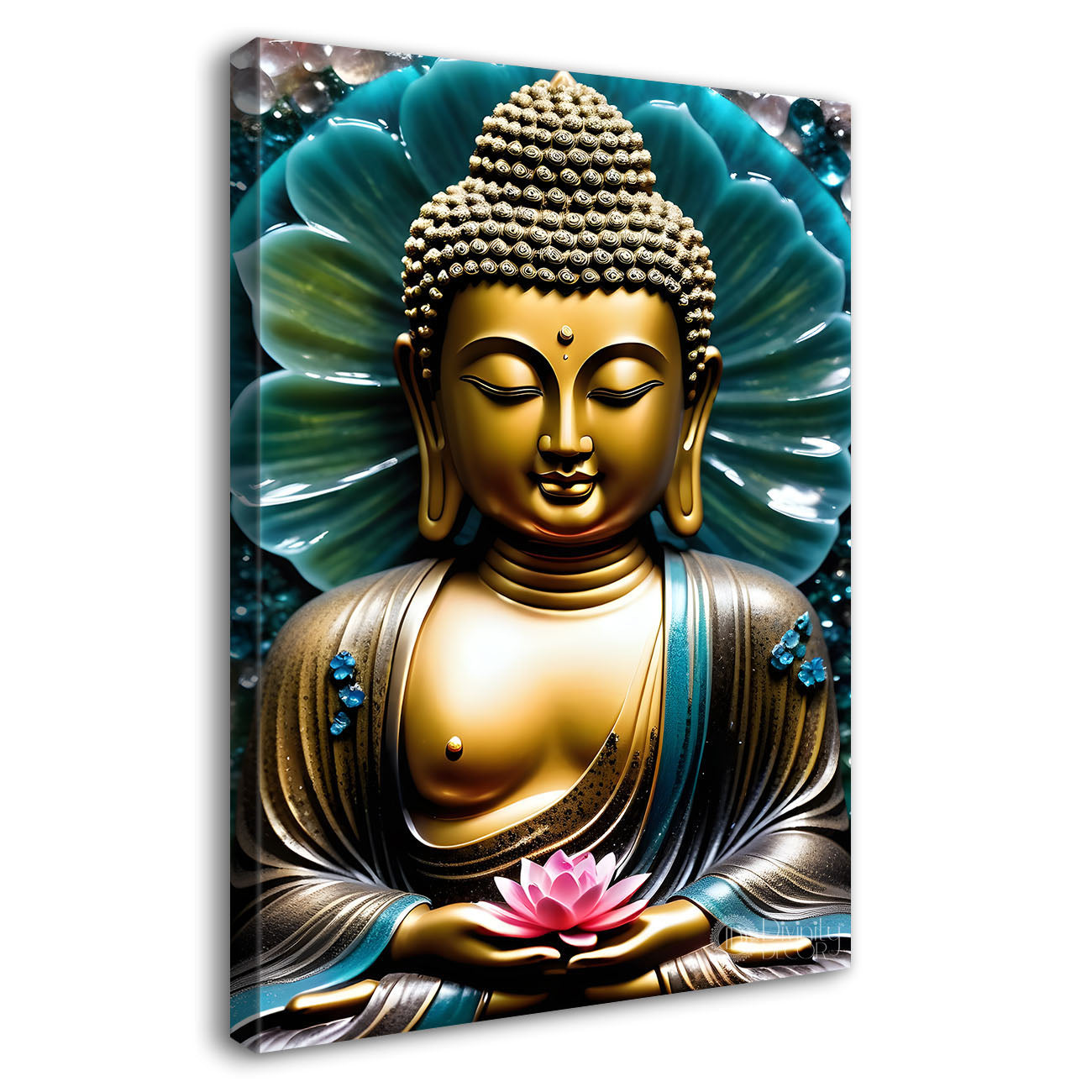 Golden buddha face with blue flowers background textured painting - Buddha-V-52