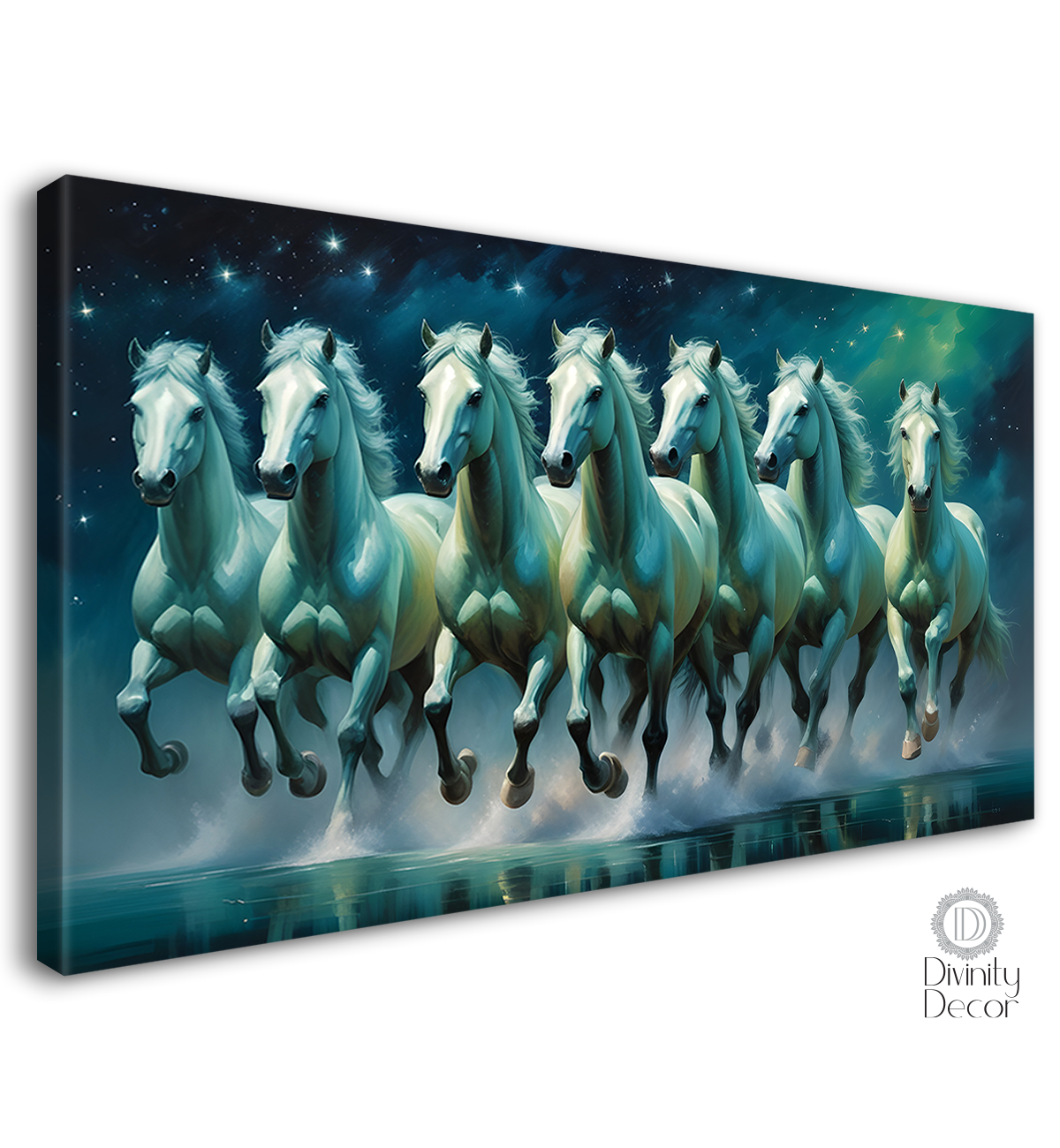 White and running horses in stars and green textured background art Canvas Painting - Design - Horse-53