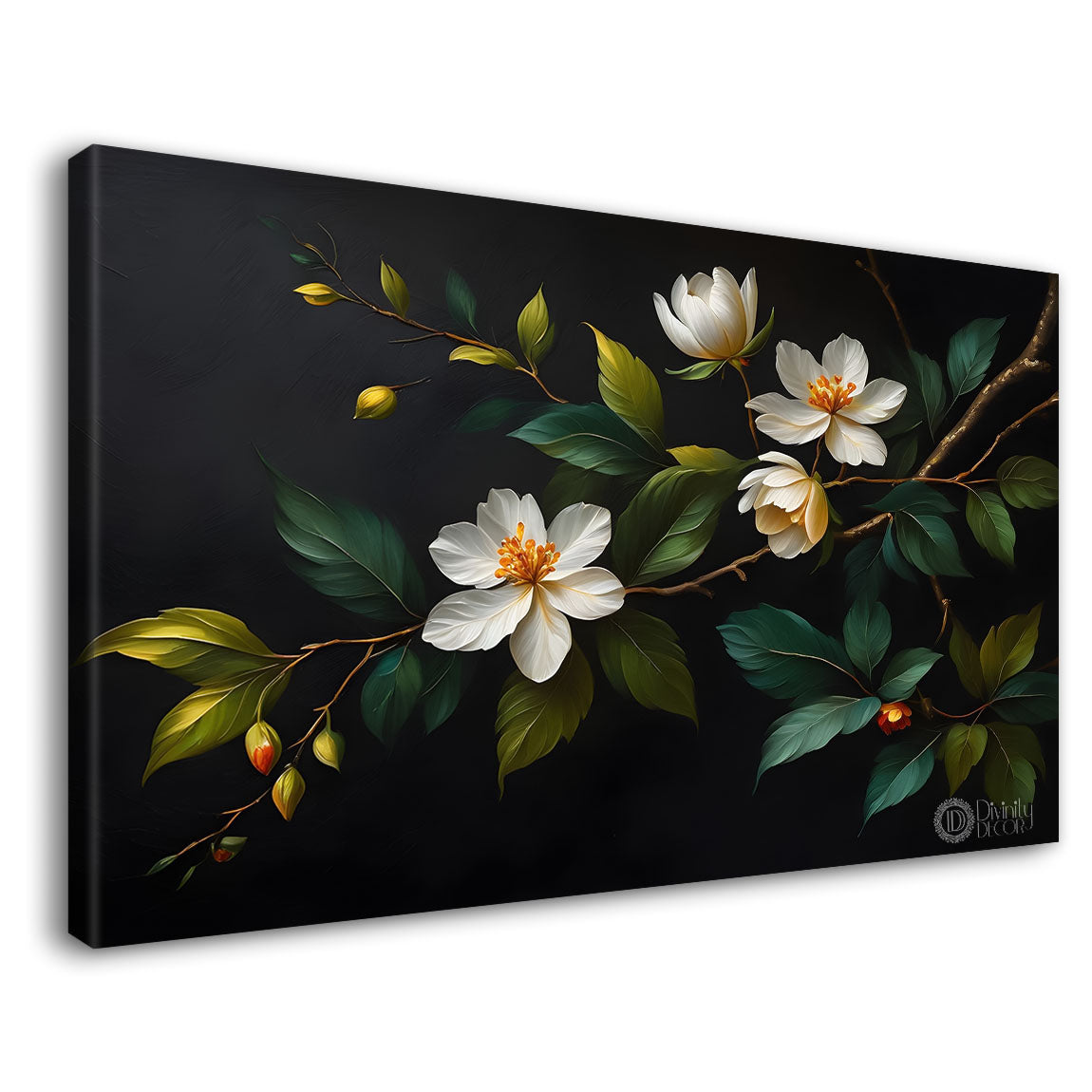 White flowers in black background canvas painting- Flower-530