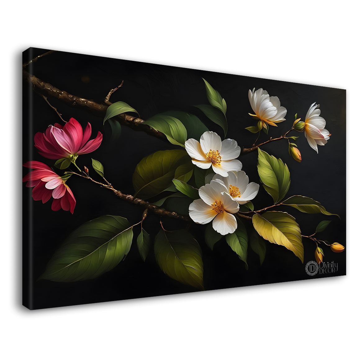 White flowers in black background canvas painting- Flower-531