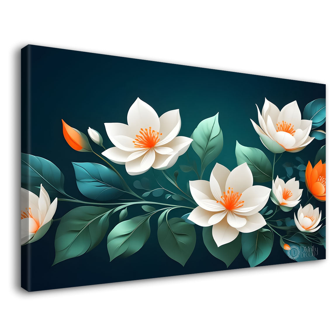 White flowers in sea green background canvas painting- Flower-532