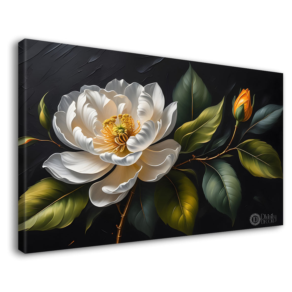White flower in black background canvas painting- Flower-533