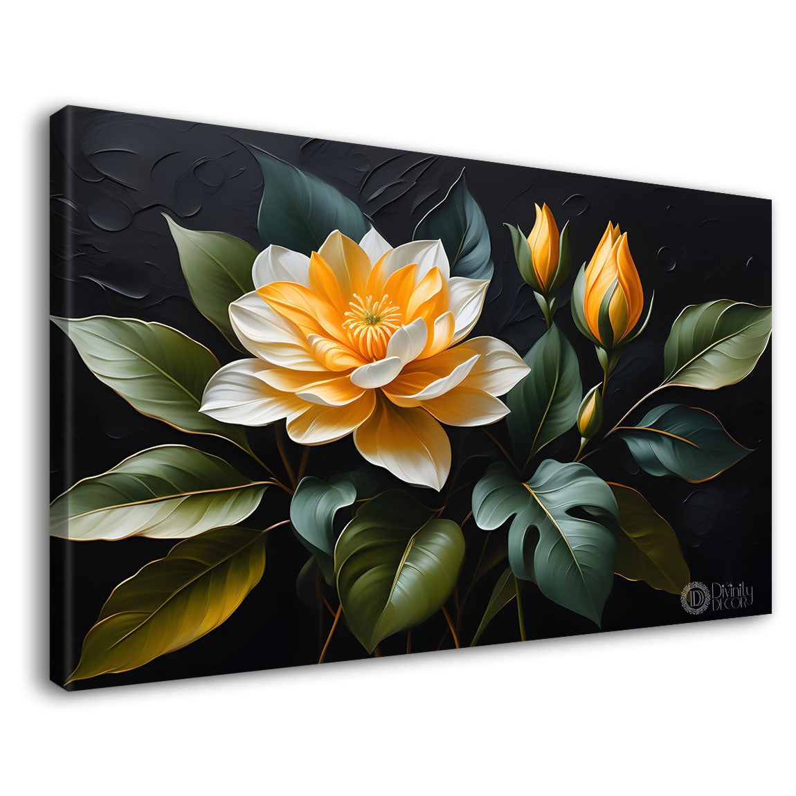 White flower in black background canvas painting- Flower-534