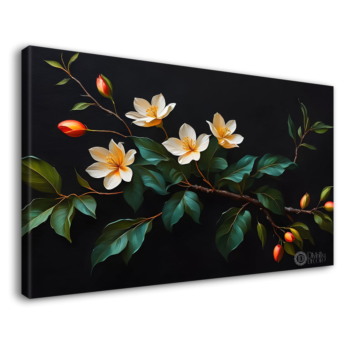 White flower in black background canvas painting- Flower-536
