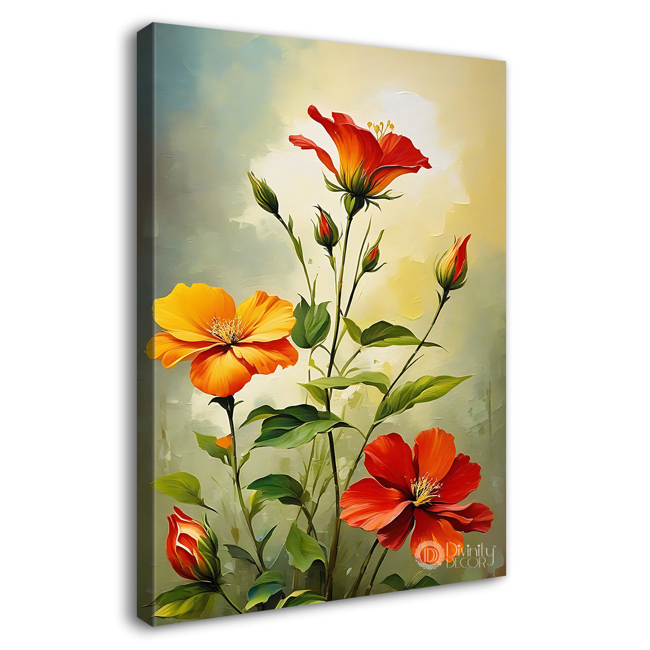Yellow and red flowers in light textured painting - Flower-V-536