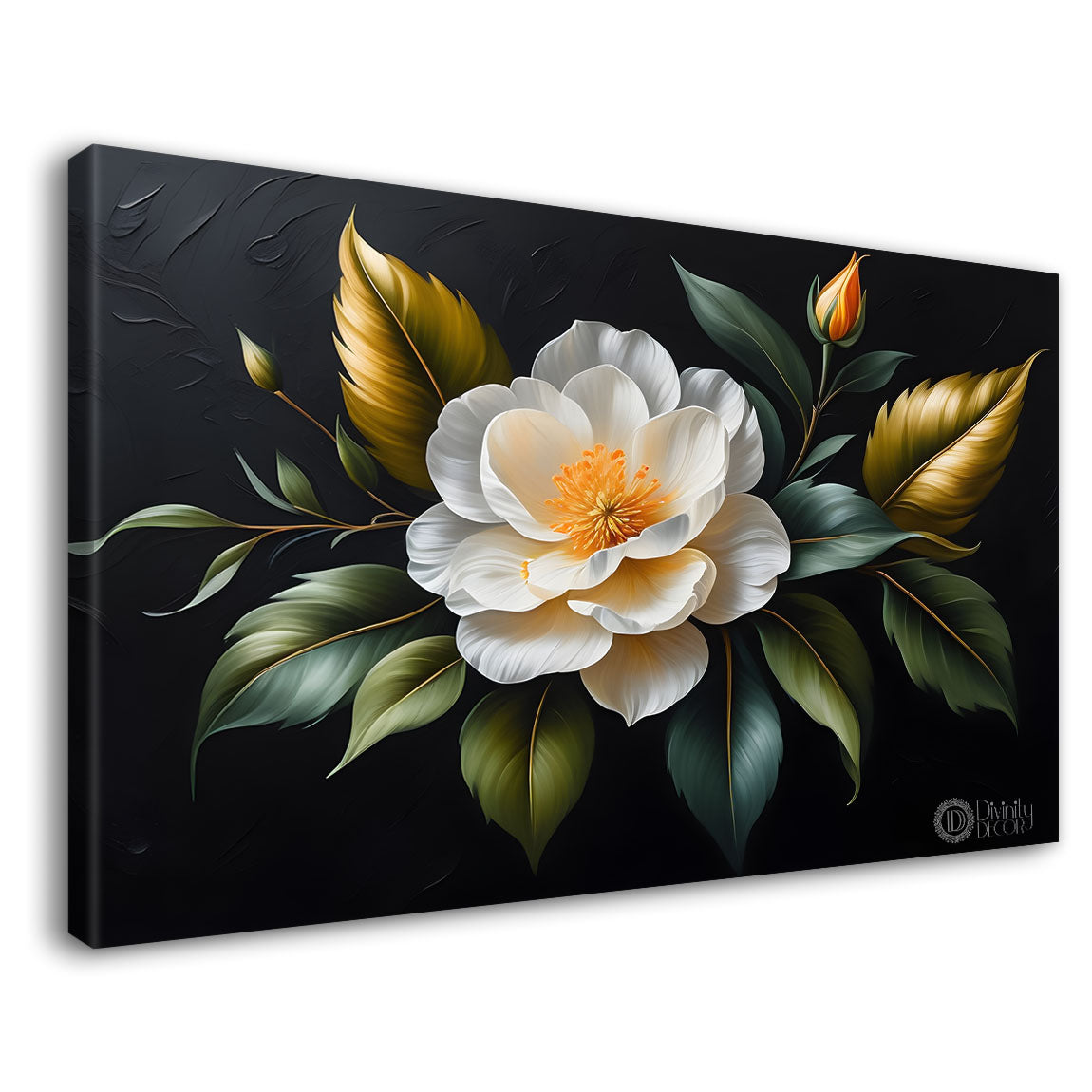 White flower in black background canvas painting- Flower-537