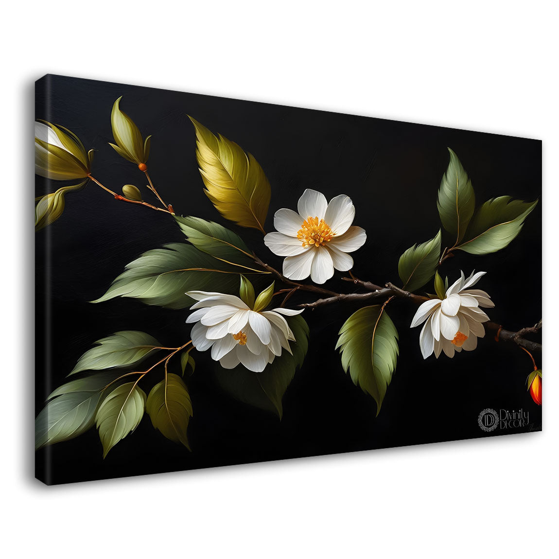 White flower in black background canvas painting- Flower-538