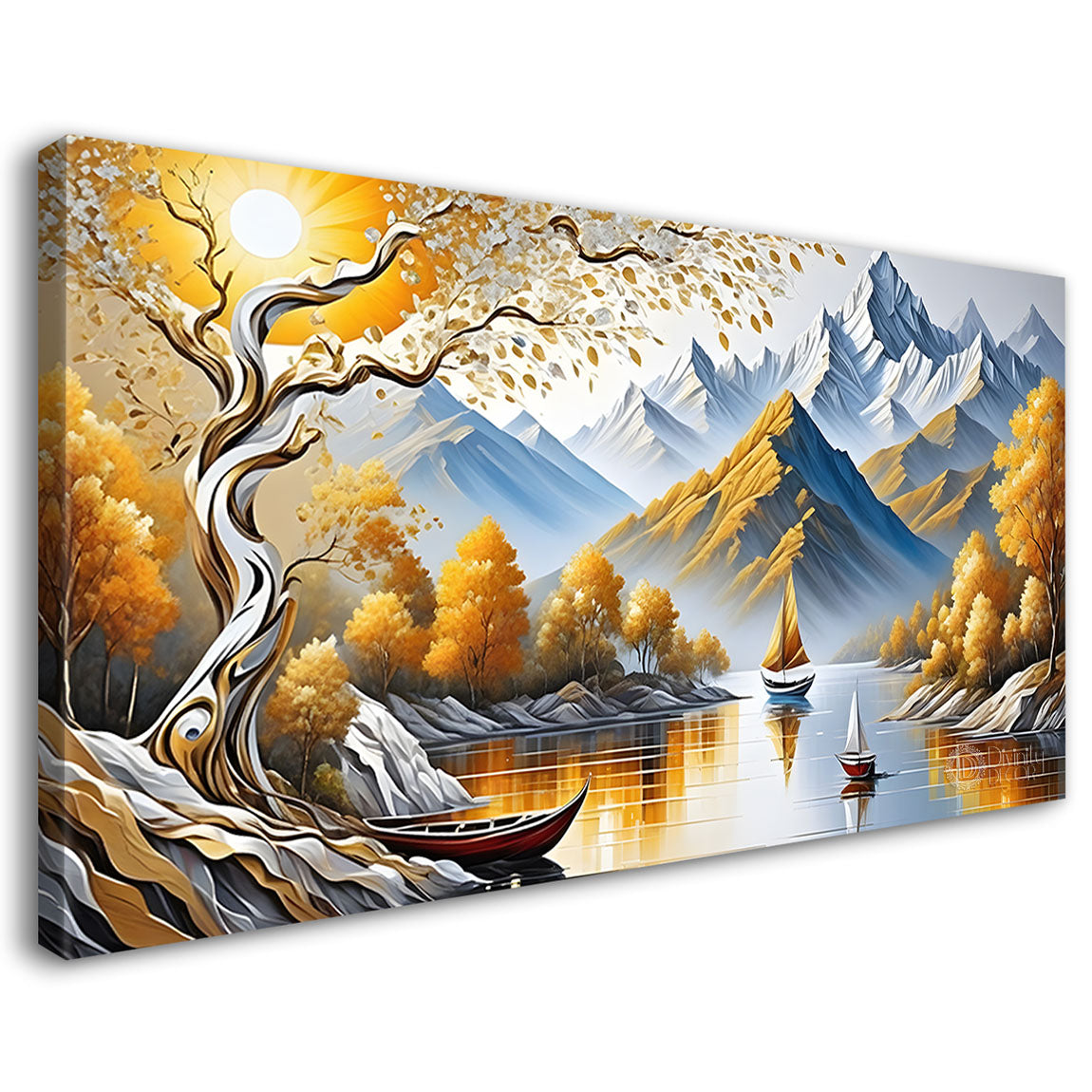 Mountains with tree and river painting Canvas Painting - Nature Art -538