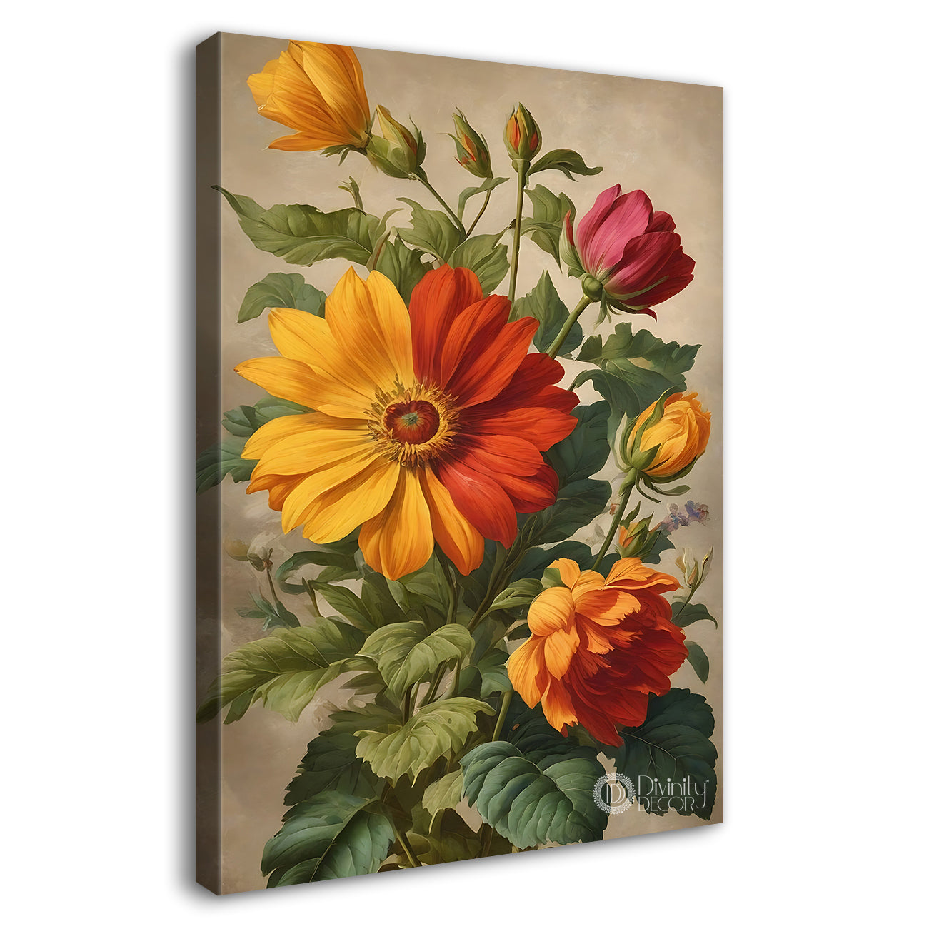 Yellow and red flowers in light textured painting - Flower-V-538