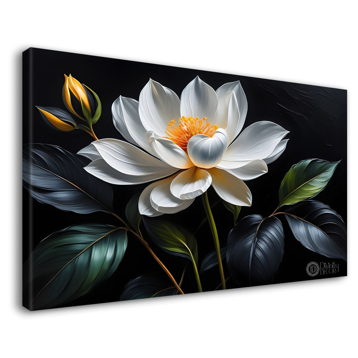 White flower in black background canvas painting- Flower-539