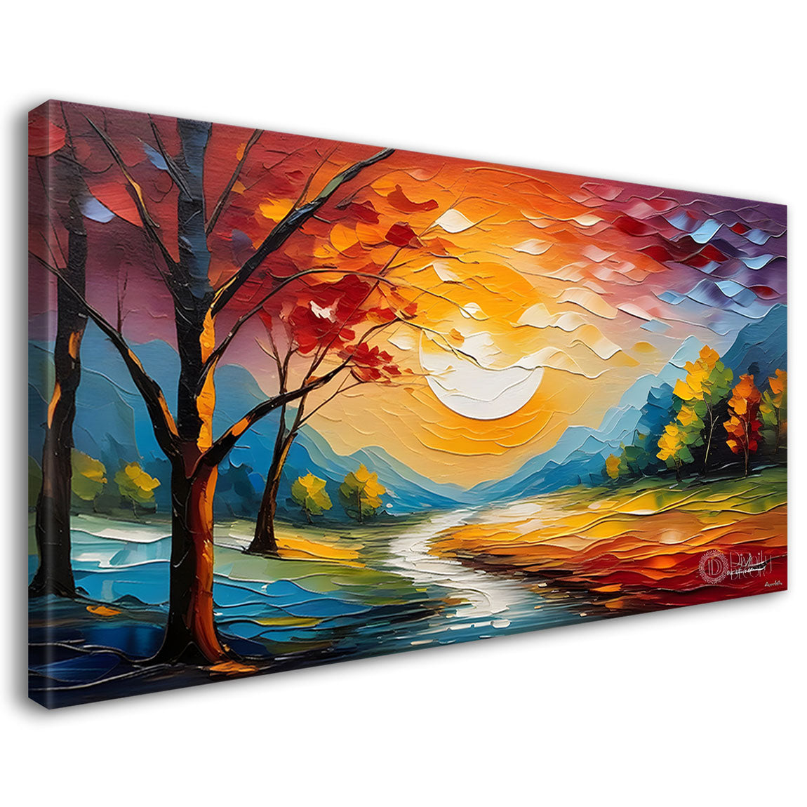 Colorful tree with sun and lake painting Canvas Painting - Nature Art -539