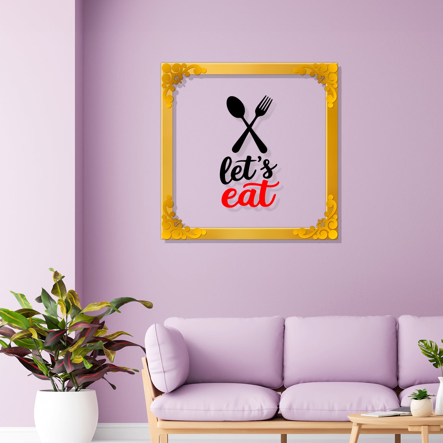 Let's eat Golden Plaque for Gifting, Wall Decor Clear UV print with Golden Border-53