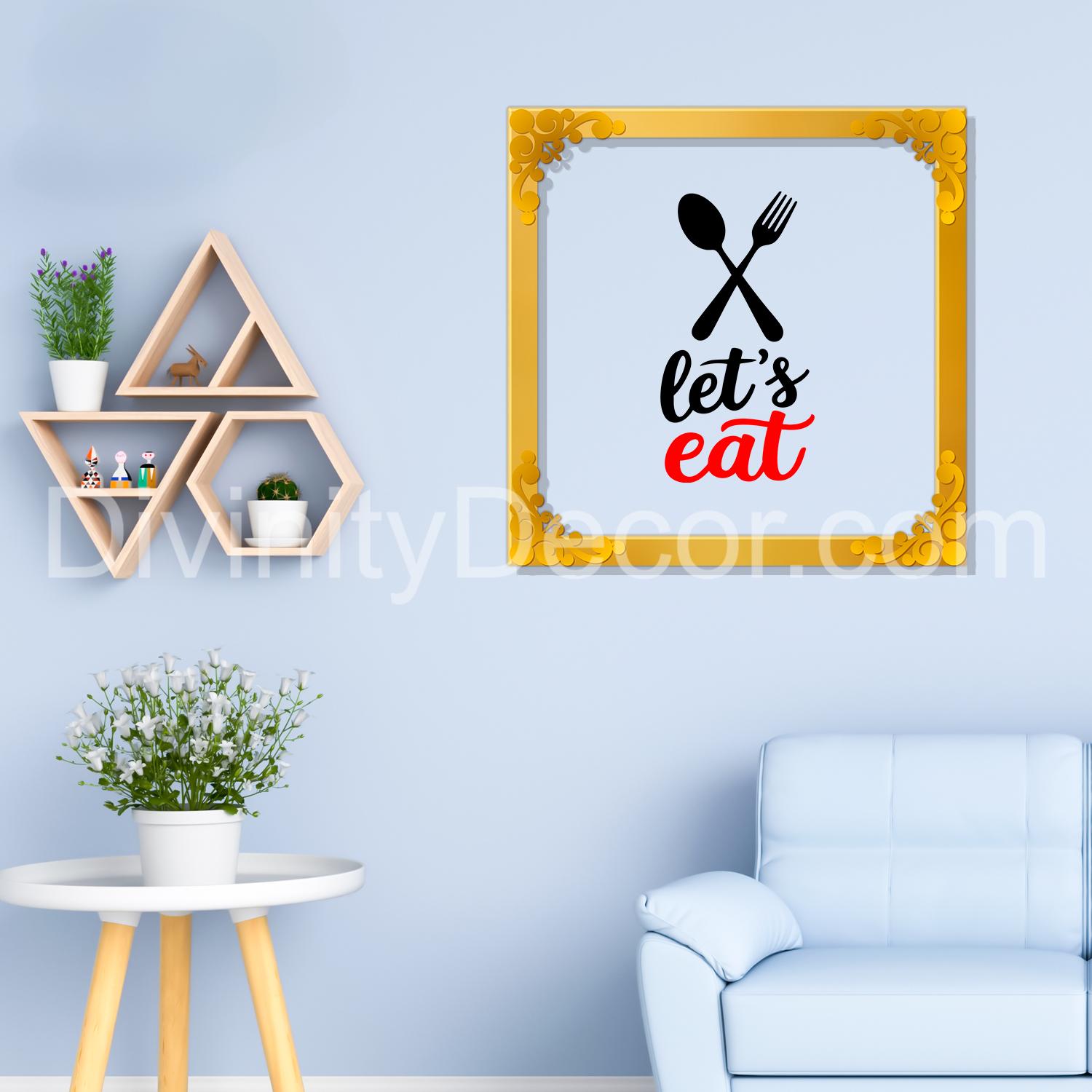 Let's eat Golden Plaque for Gifting, Wall Decor Clear UV print with Golden Border-53