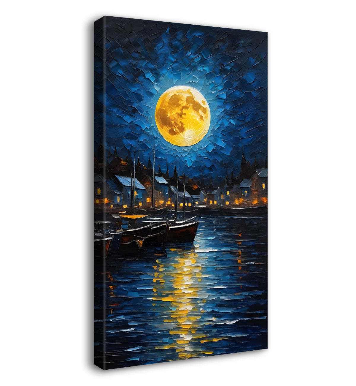 Boats on river with  houses and night background with moon textured painting Canvas Painting - Nature Art -V-53
