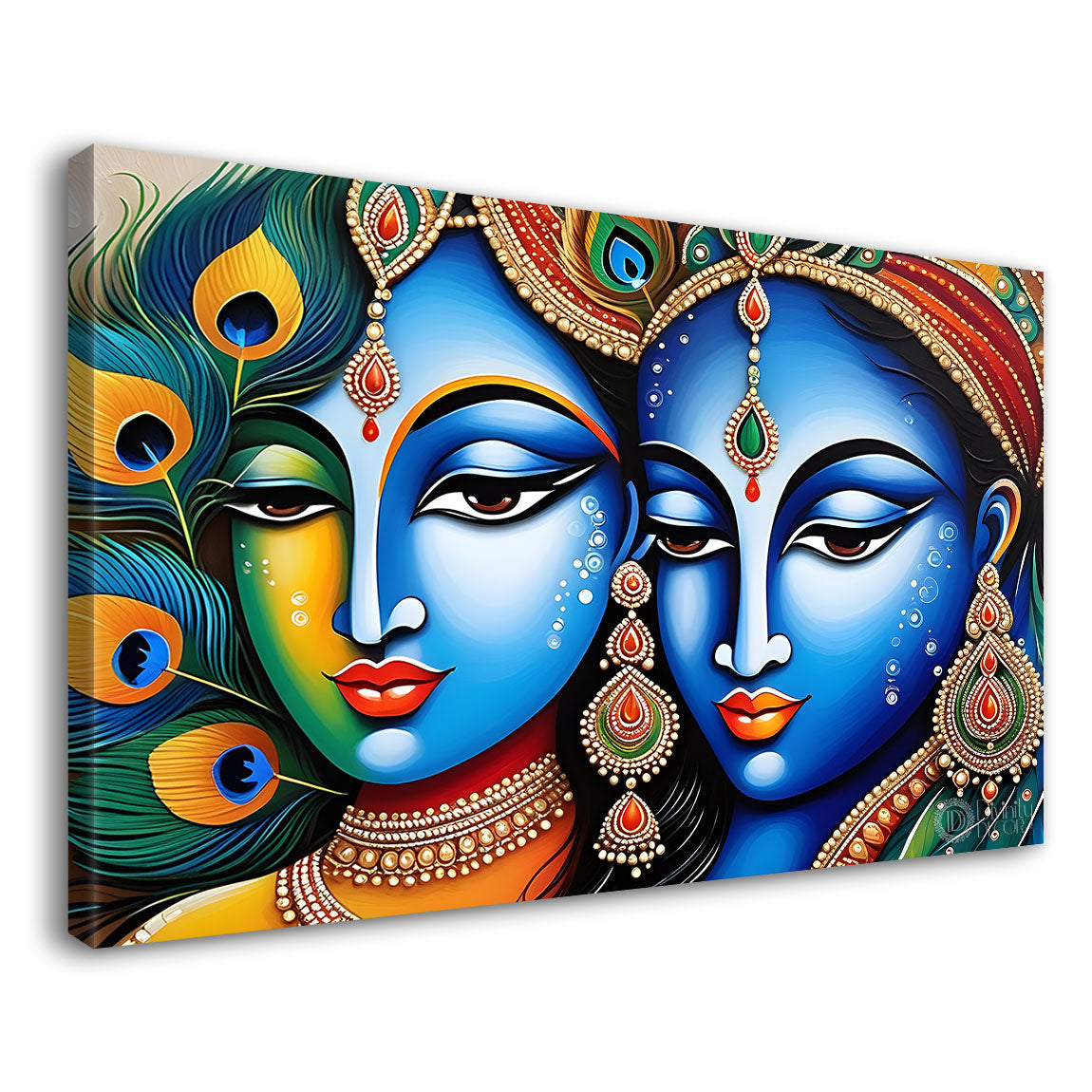 Blue face Krishna and Radha with peacock feathers painting Canvas Painting - Design - Krishna-53