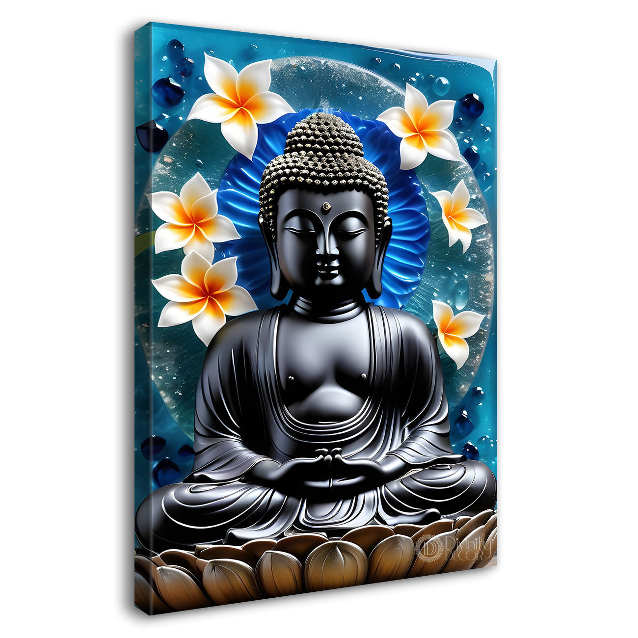 Grey buddha  in white flowers background textured painting - Buddha-V-53