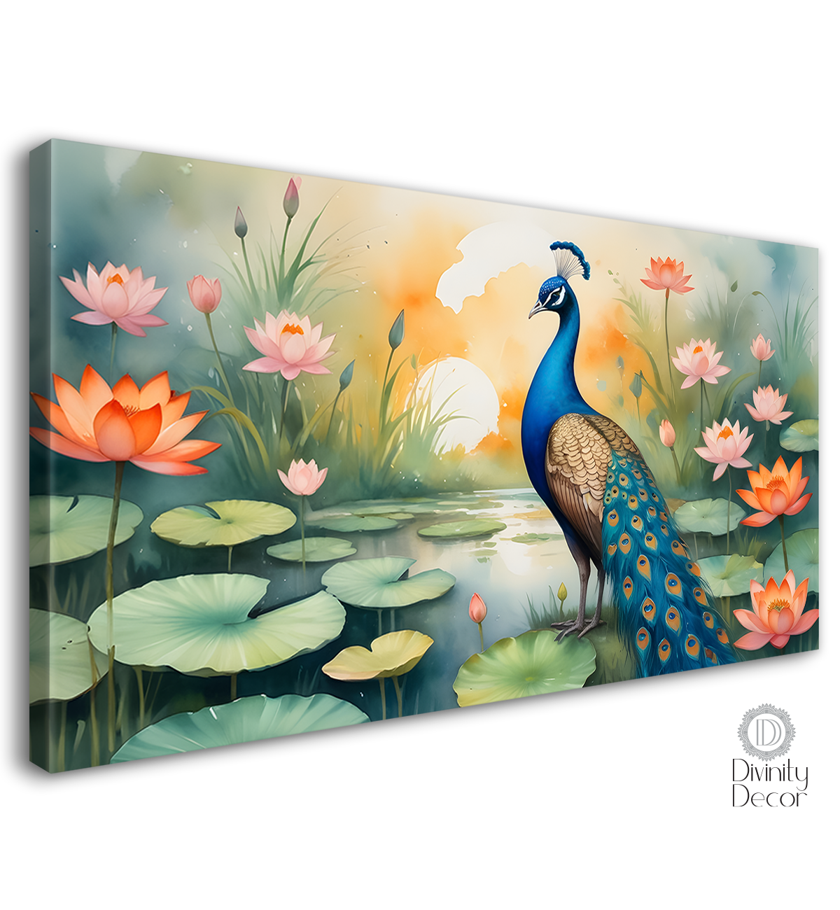 Peacock with lotus in green background textured art - Design - Animal -53