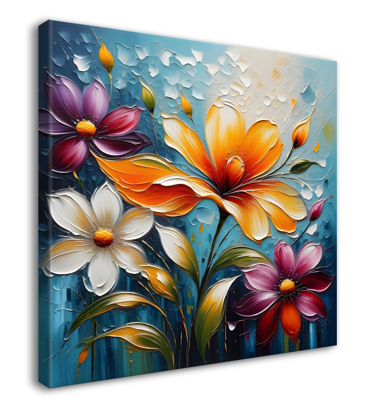 Colourful flowers in blue background textured painting - Flower-S-53