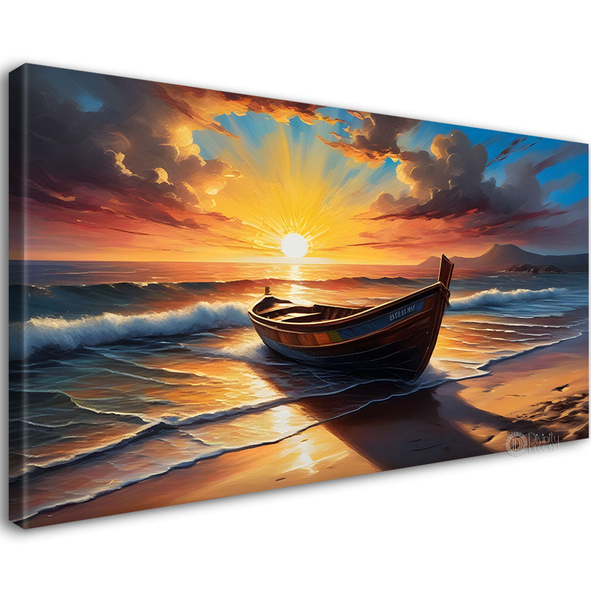Boat on a beach with sunrise background textured modern art canvas painting - Design - River-53
